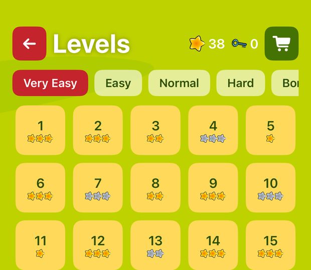 The level picker, showing levels with one, two or three stars earned.
